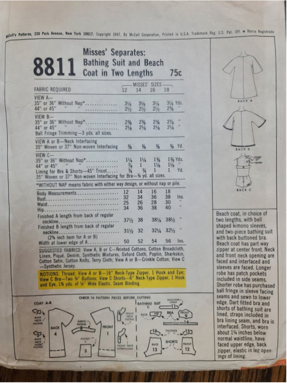 Vintage 1967 McCalls 8811 Bathing Suit Beach Coat Pattern Size 14 - Picture 3 of 5